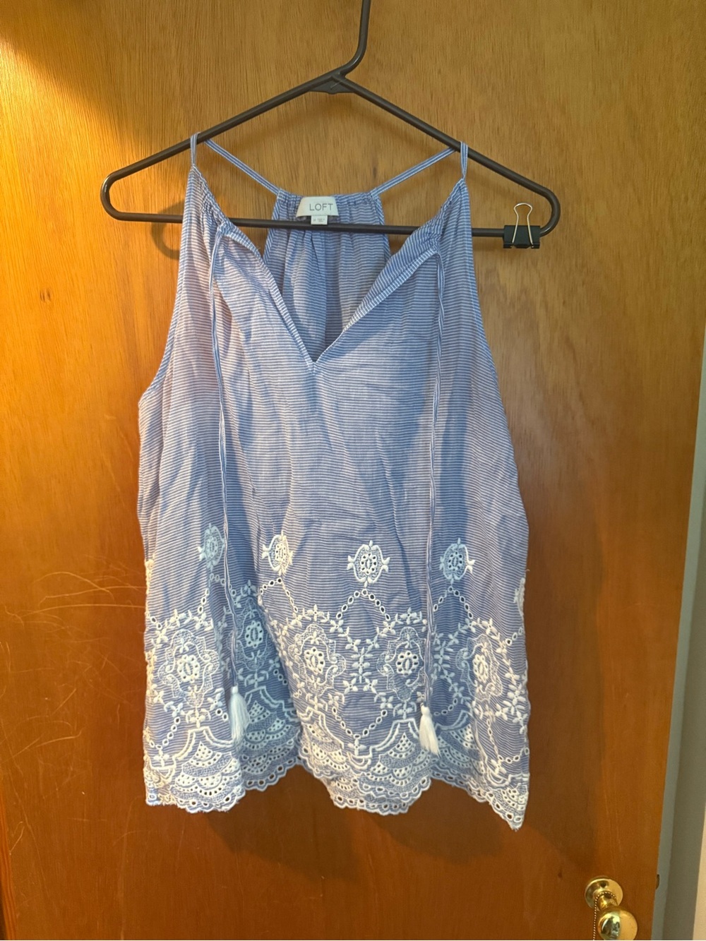 LOFT Light Blue Striped White Embroidered Camisole